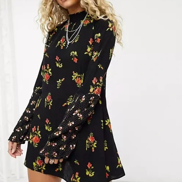 Free People | Dresses | Free People Black Floral High Neck Tunic | Poshmark